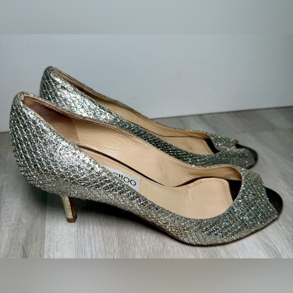 Jimmy Choo Gold/Silver Glitter Isabel Peep Toe Pumps Size 37 us 6.5 - Picture 4 of 7